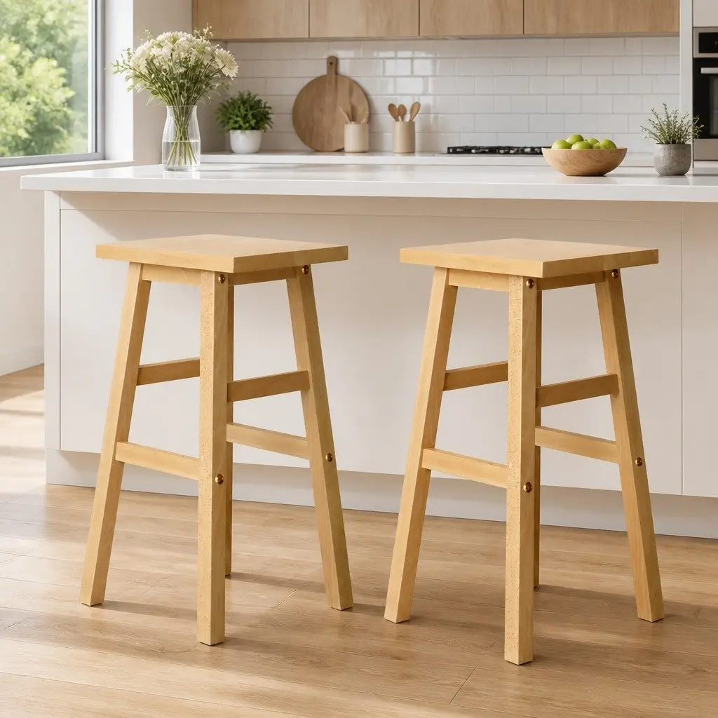 Bar Stools Natural Light Wood Tone Set of 2 Beech Wood