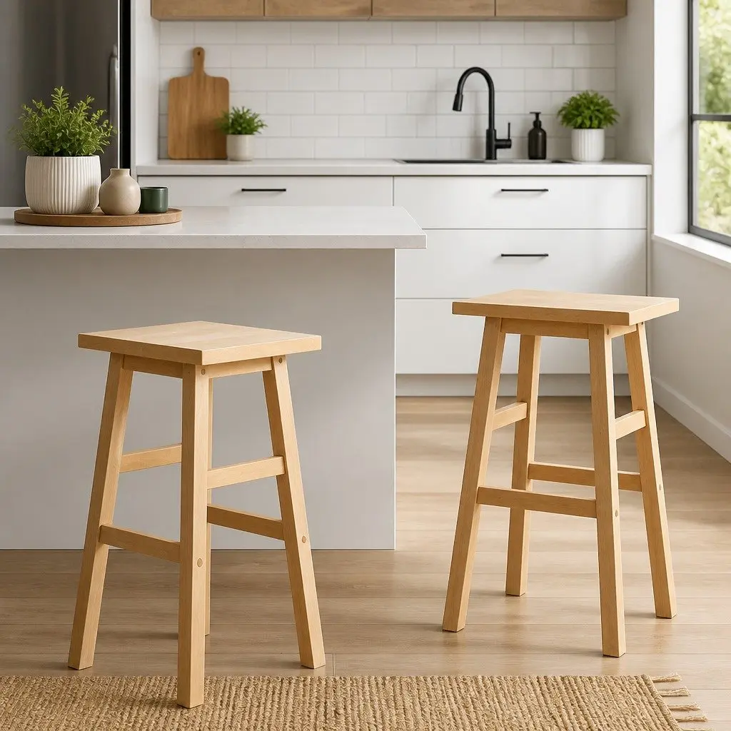 Bar Stools Natural Light Wood Tone Set of 2 Beech Wood