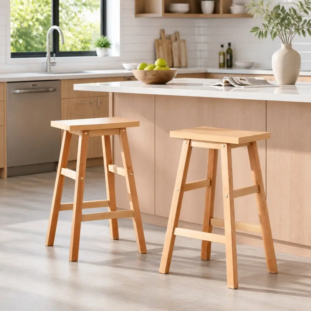Bar Stools Natural Light Wood Tone Set of 2 Beech Wood