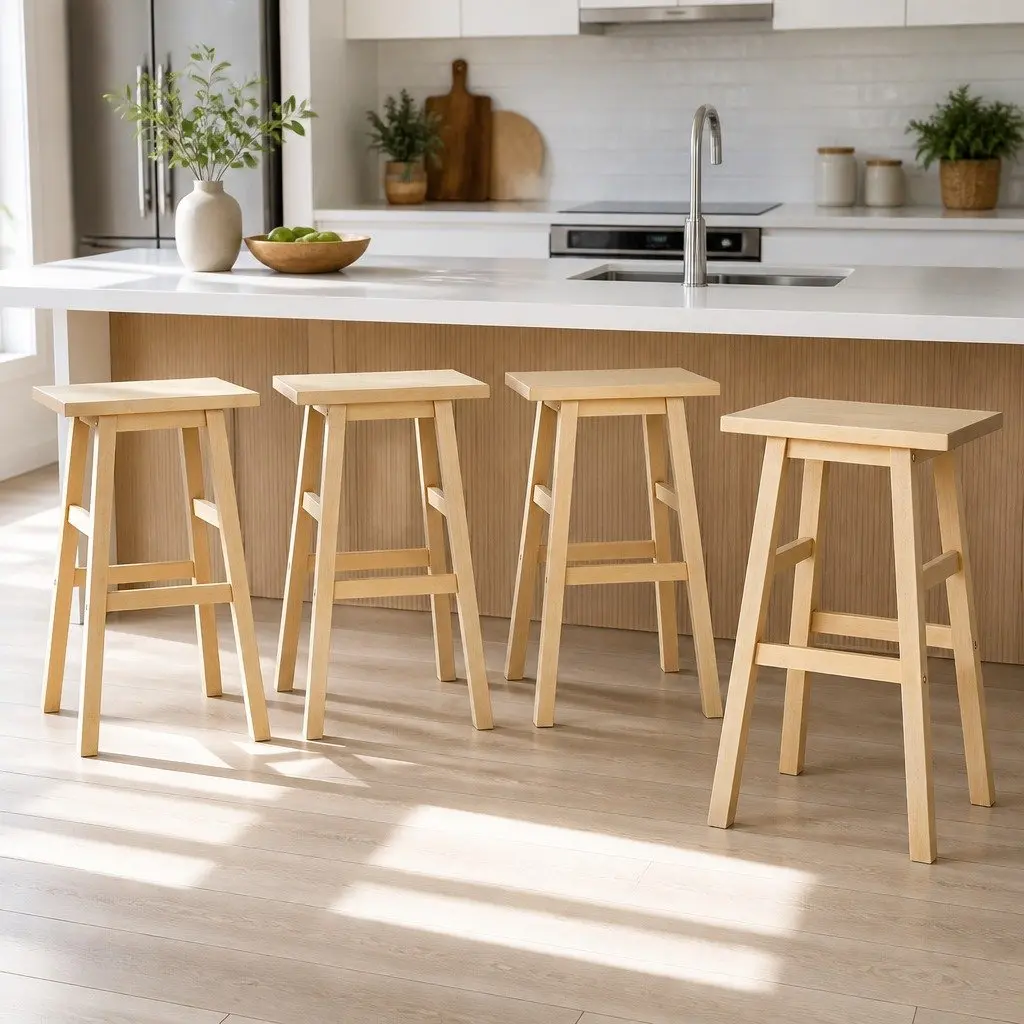 Natural Wooden Saddle Seat Bar Stools Set of 4