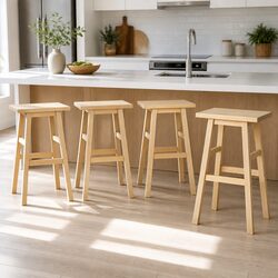 Natural Wooden Saddle Seat Bar Stools Set of 4