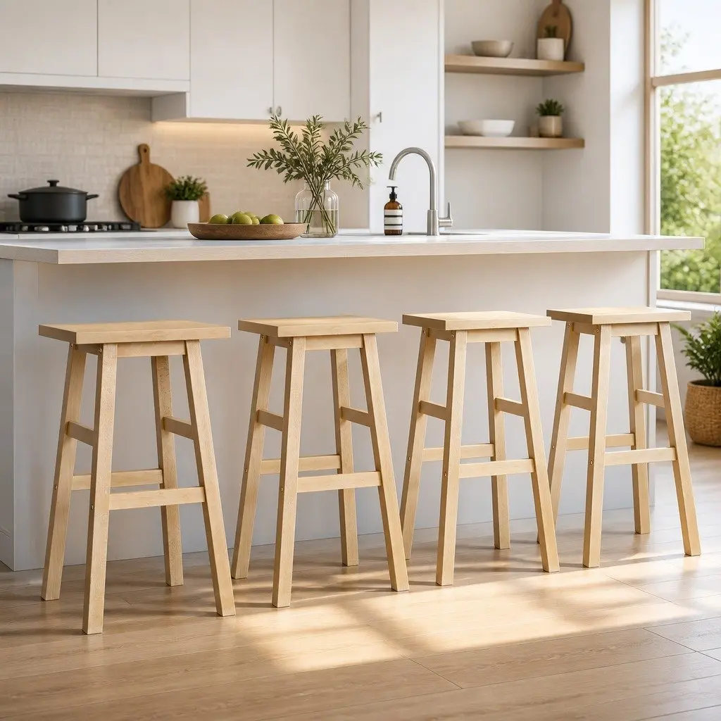 Natural Wooden Saddle Seat Bar Stools Set of 4