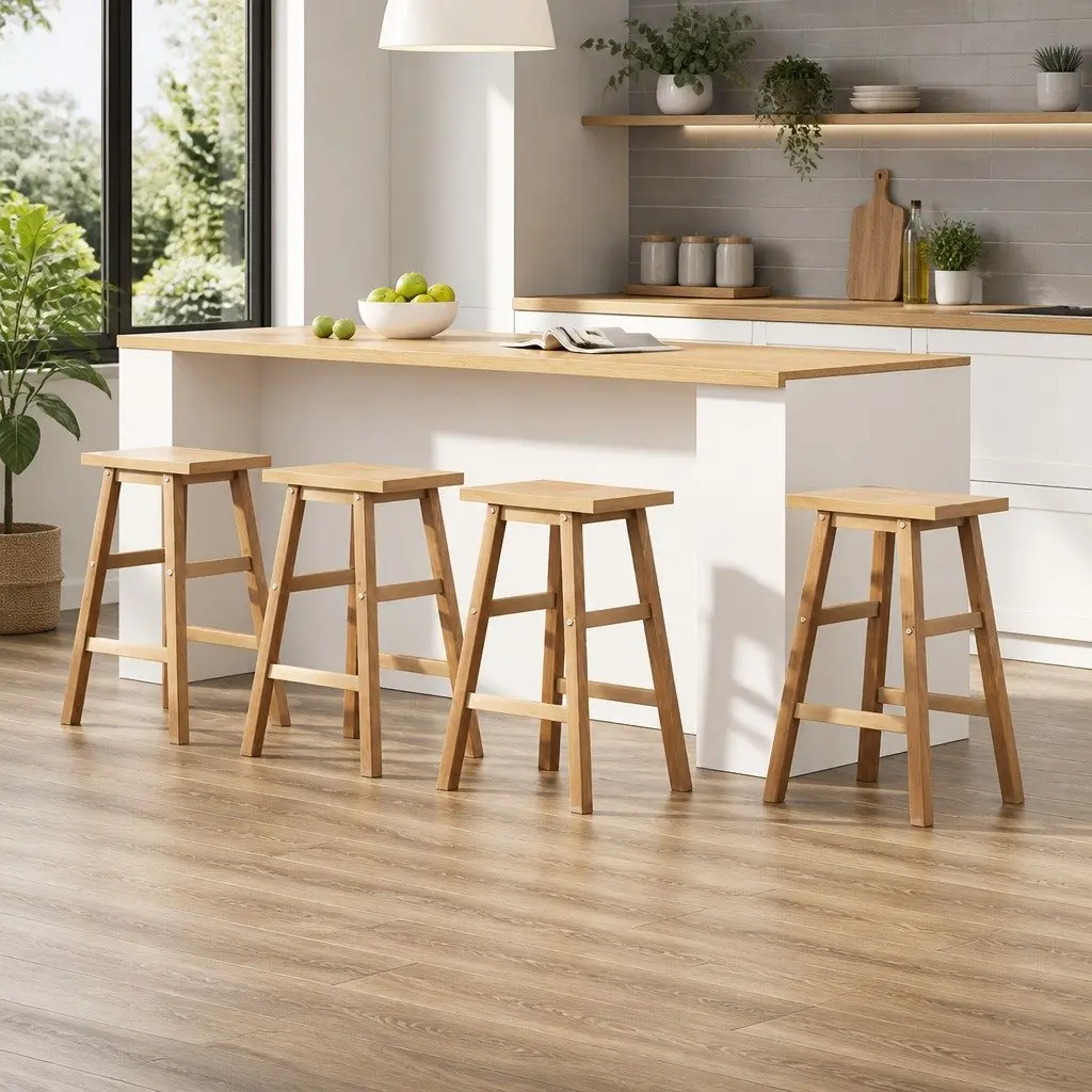 Natural Wooden Saddle Seat Bar Stools Set of 4