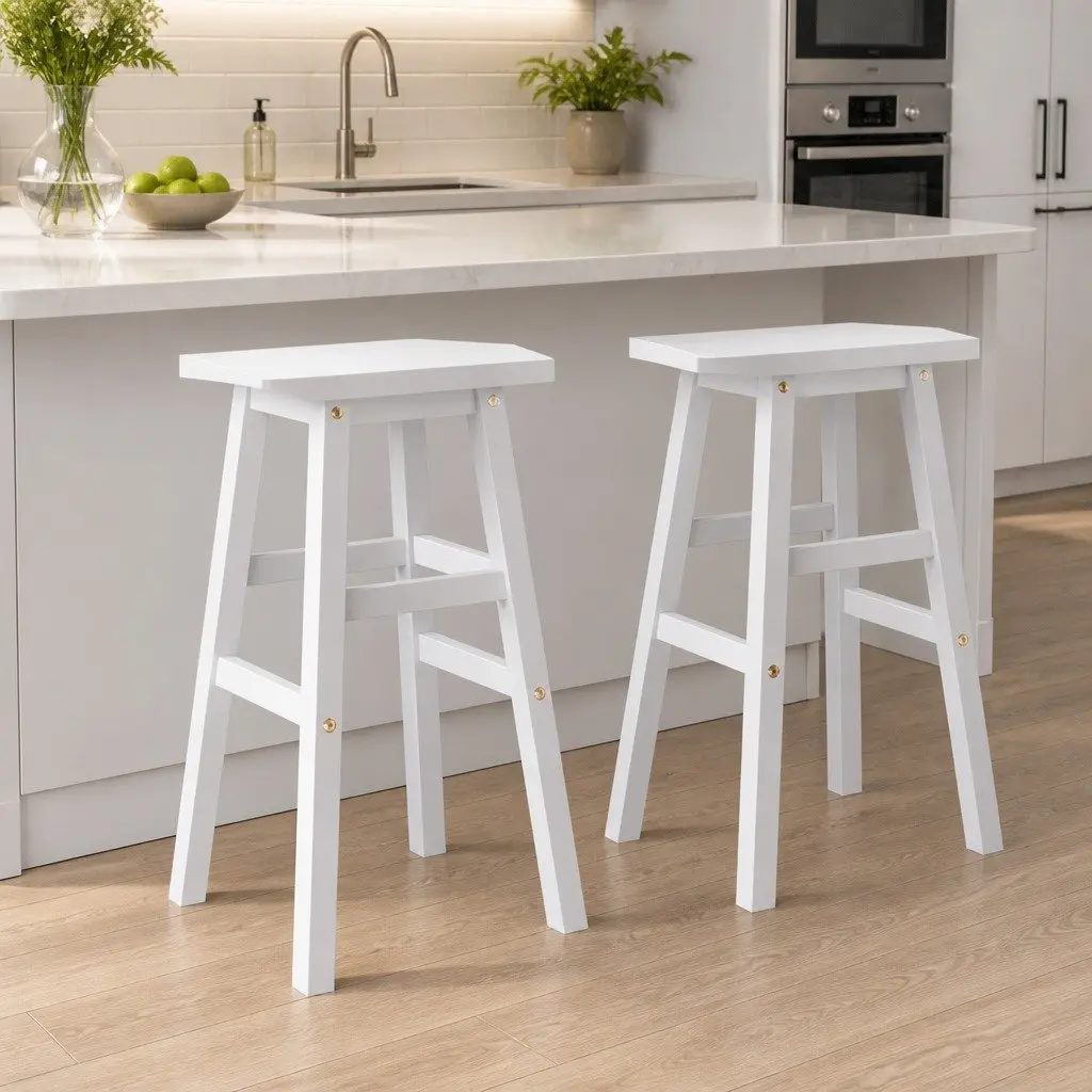 Bar Stools Wooden White Set of 2 Kitchen Counter Chairs 66.5cm Beech Wood