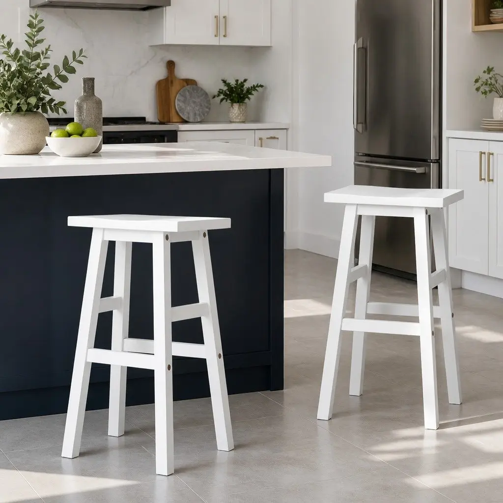 Bar Stools Wooden White Set of 2 Kitchen Counter Chairs 66.5cm Beech Wood