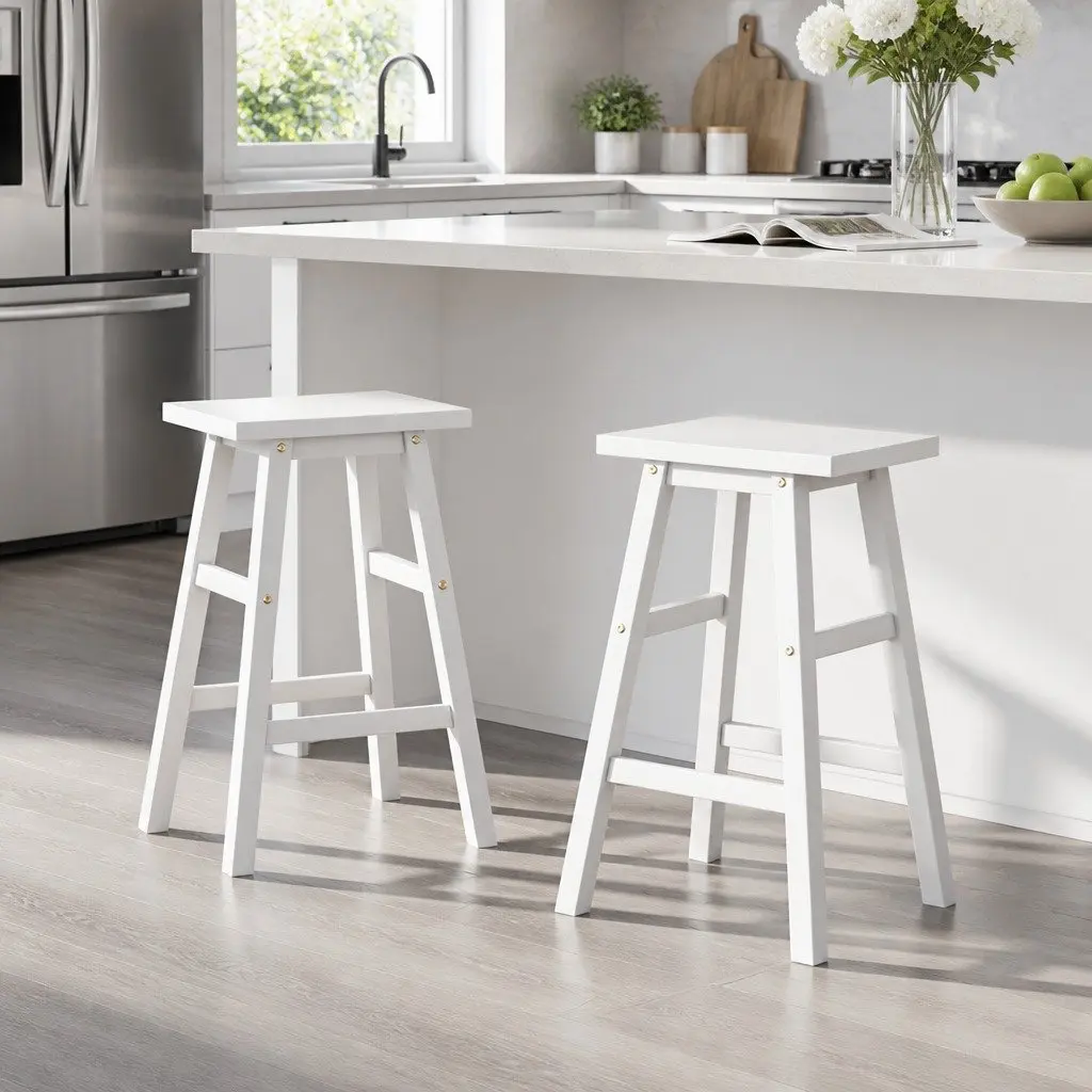 Bar Stools Wooden White Set of 2 Kitchen Counter Chairs 66.5cm Beech Wood