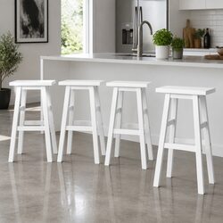 Set of 4 White Wooden Bar Stools with Saddle Seat