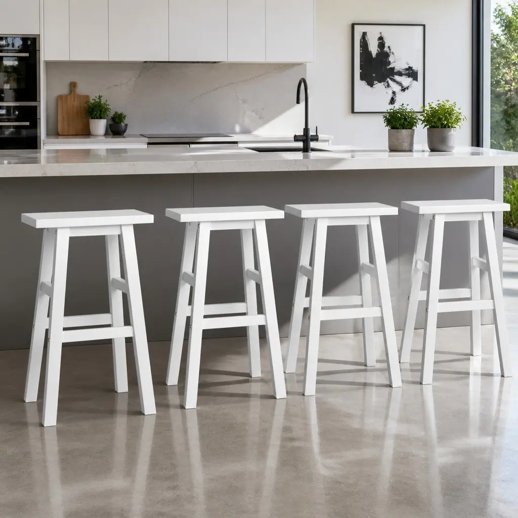 Set of 4 White Wooden Bar Stools with Saddle Seat