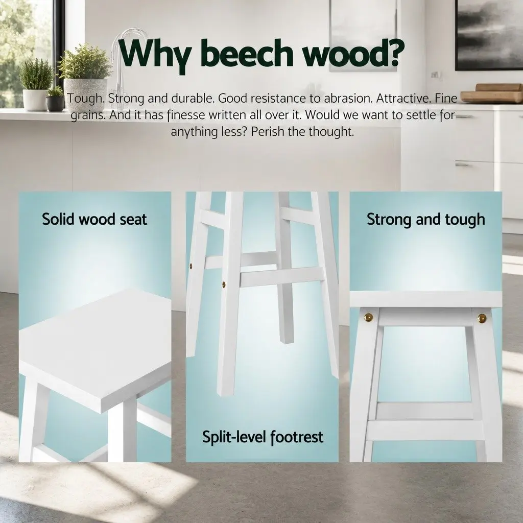 Set of 4 White Wooden Bar Stools with Saddle Seat