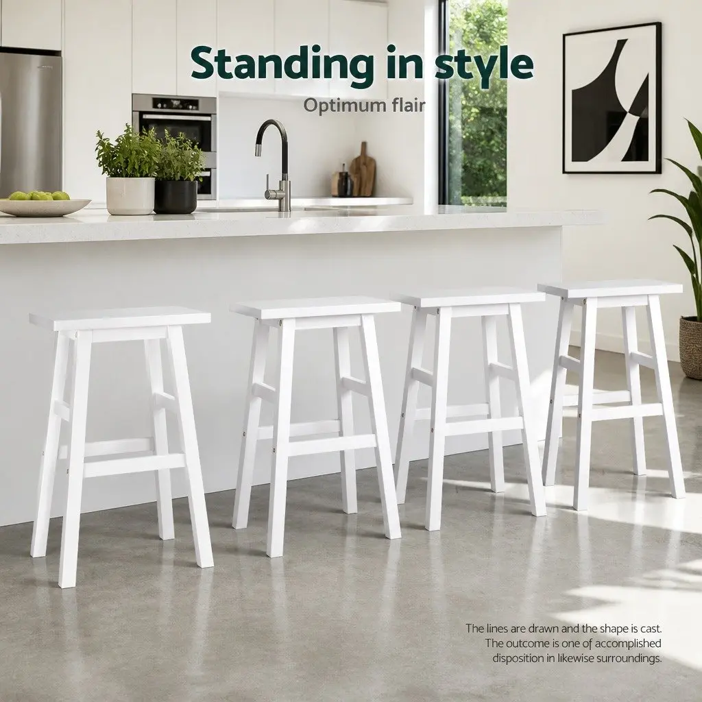 Set of 4 White Wooden Bar Stools with Saddle Seat