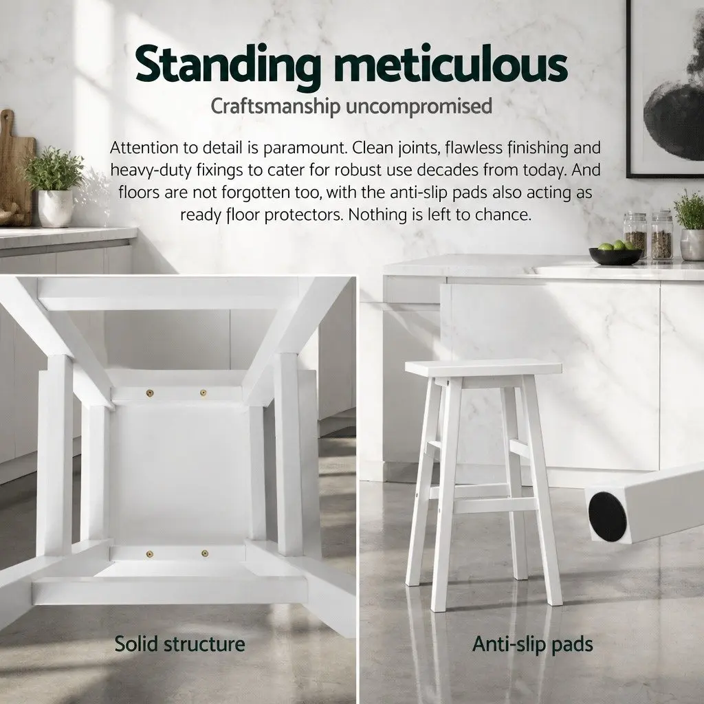 Set of 4 White Wooden Bar Stools with Saddle Seat