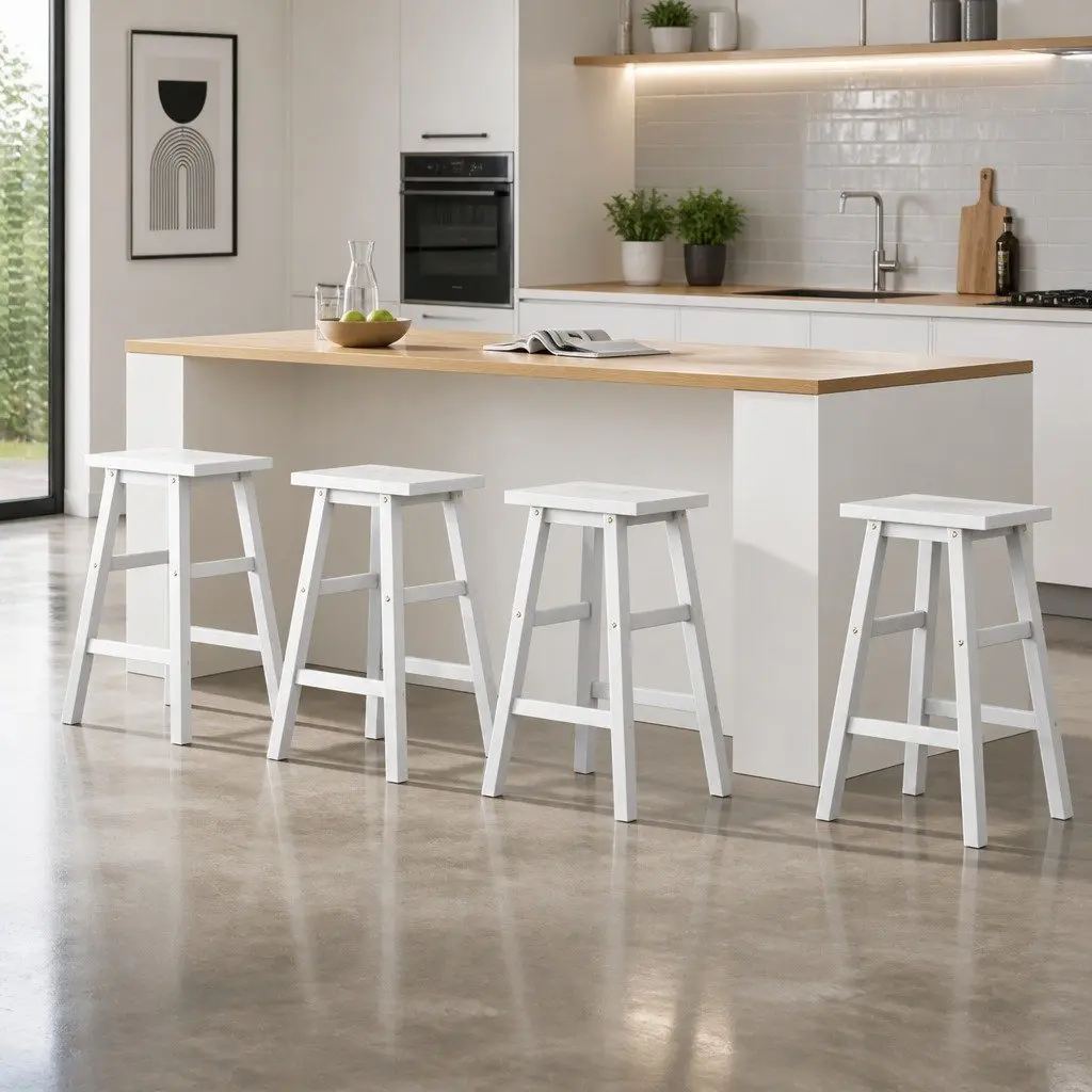 Set of 4 White Wooden Bar Stools with Saddle Seat