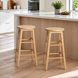 Set of 2 Comfortable Wooden Bar Stools in Light Brown