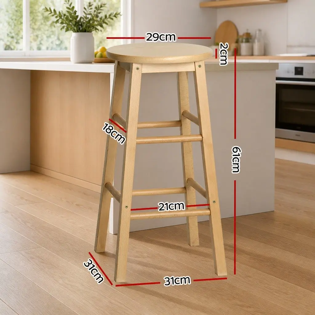 Bar Stools Set of 2 Round Wooden Chairs Natural Light Wood Tone Kitchen Dining