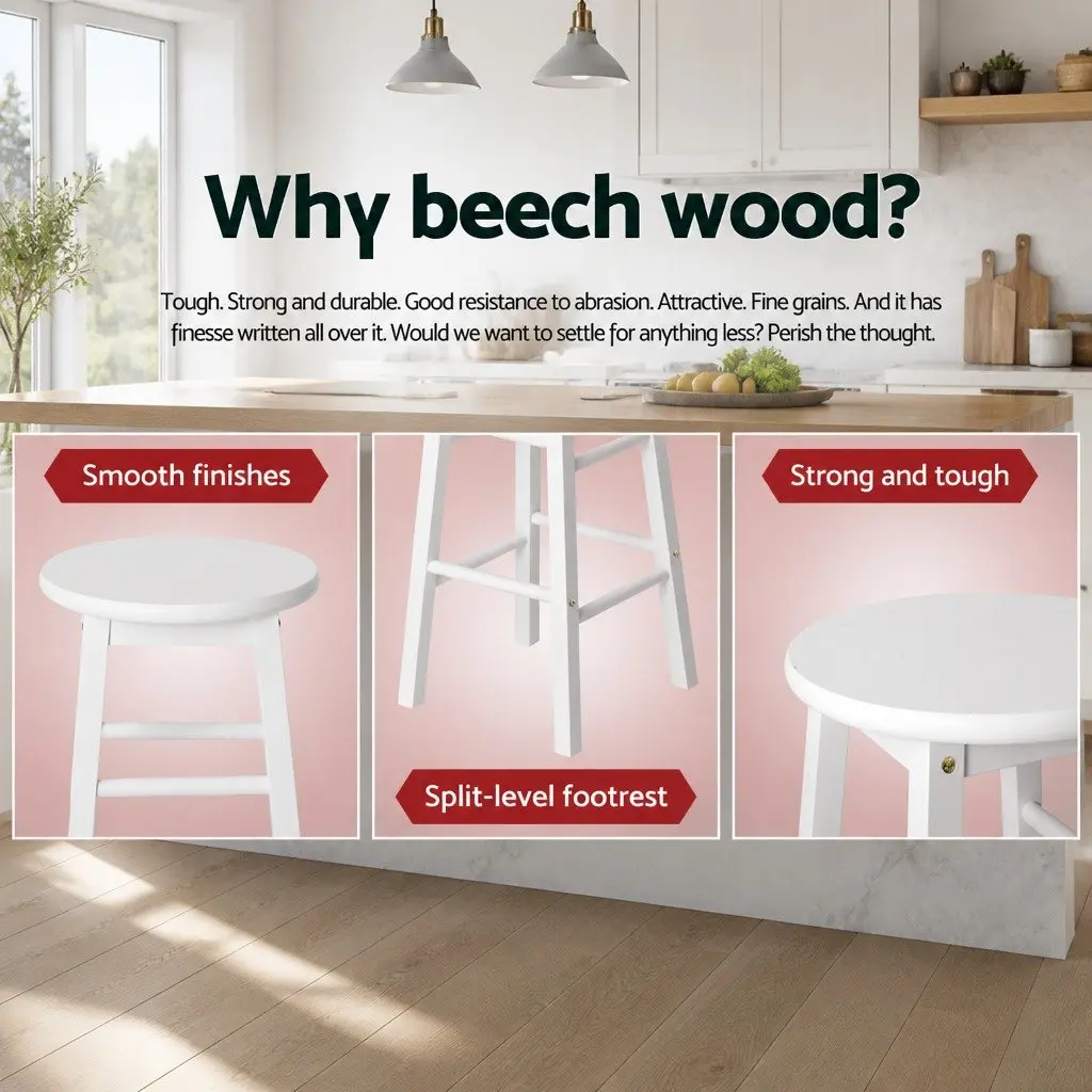 Bar Stools Wooden White 61cm Beech Wood Set of 2