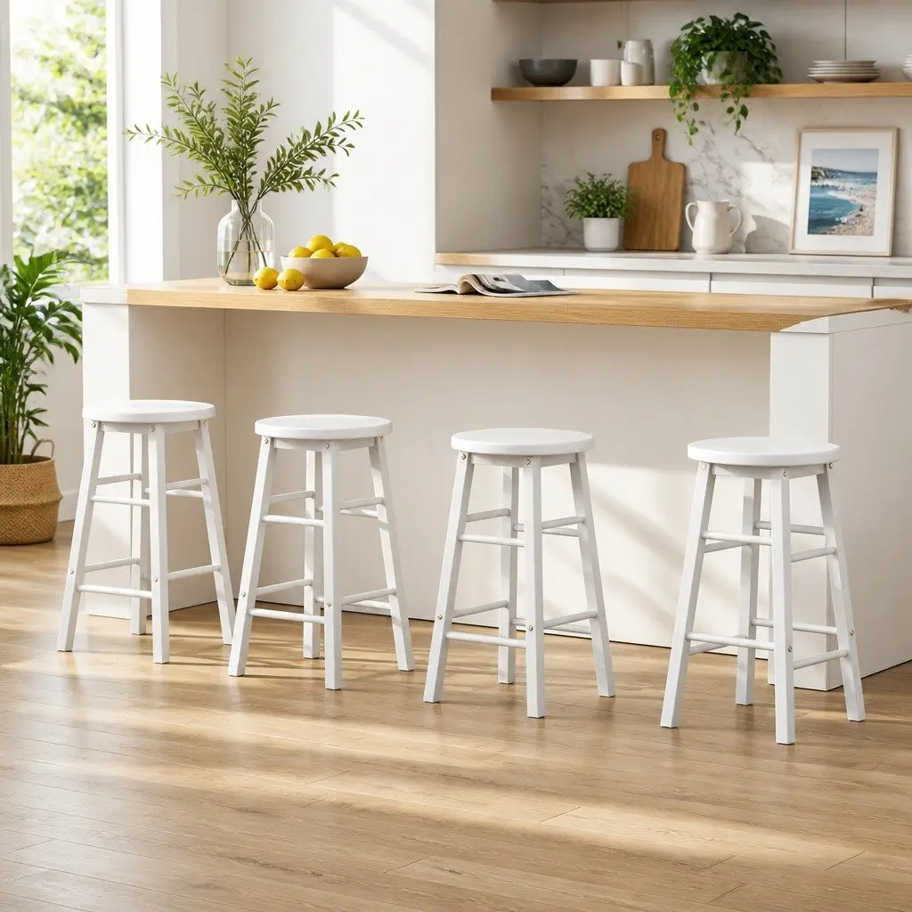White Wooden Bar Stools Set of 4 for Kitchen and Dining