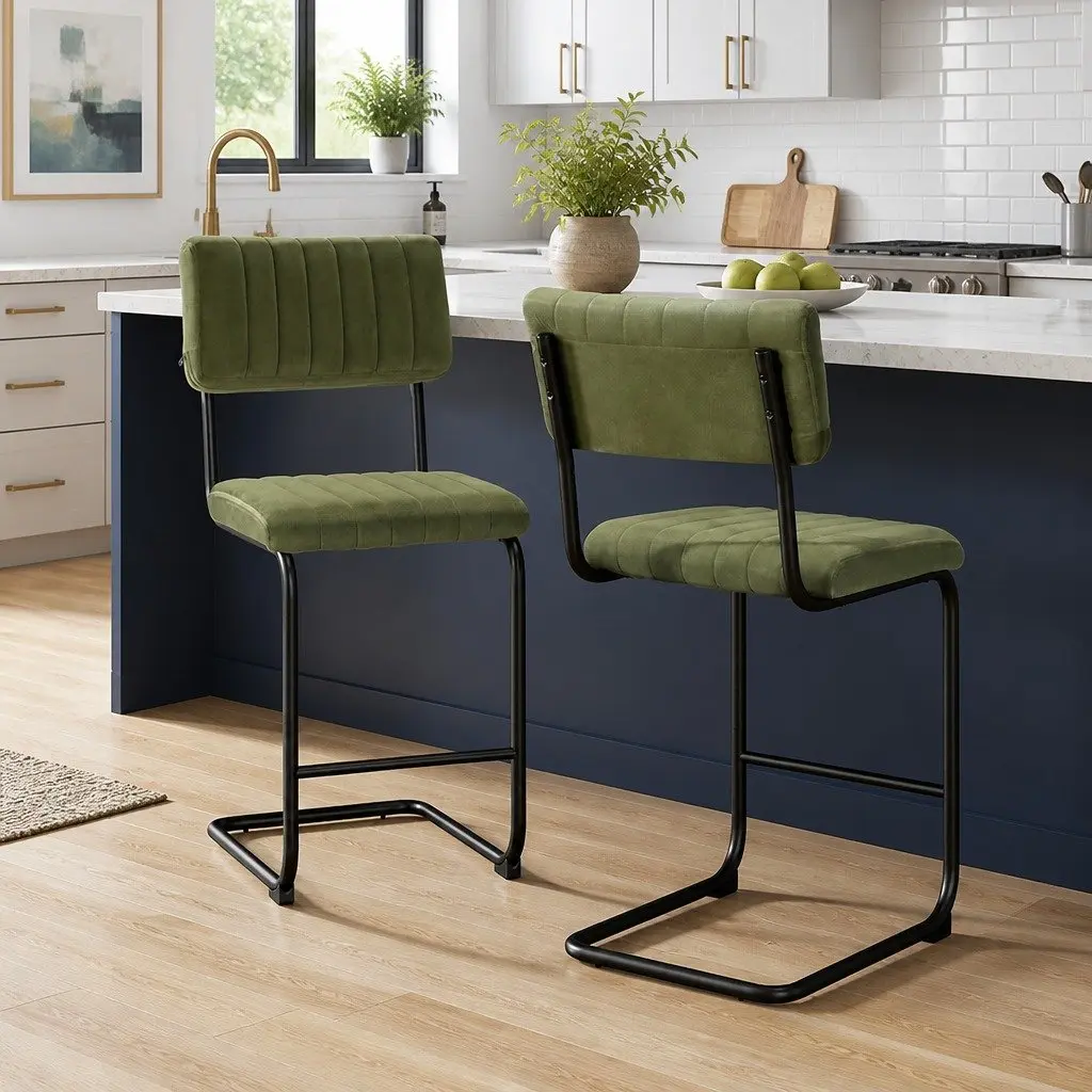 Bar Stools Velvet Green Cushioned Seat Back Support Metal Footrest 2 Piece