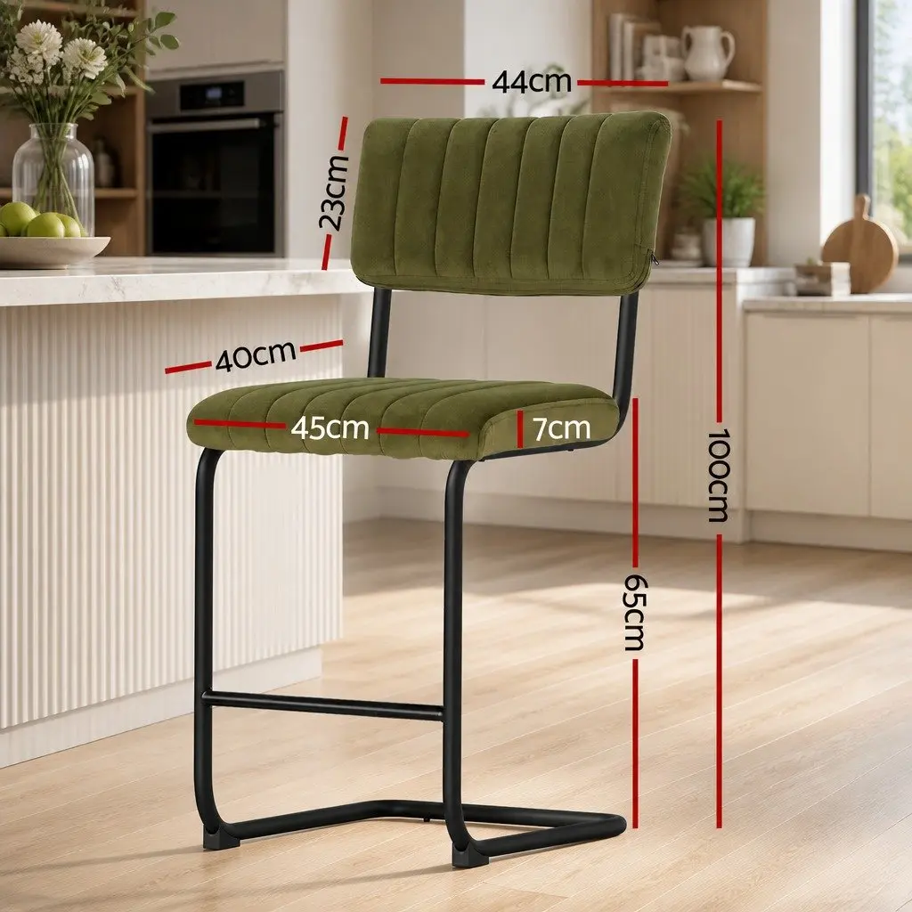 Bar Stools Velvet Green Cushioned Seat Back Support Metal Footrest 2 Piece