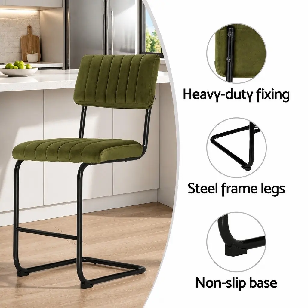 Bar Stools Velvet Green Cushioned Seat Back Support Metal Footrest 2 Piece