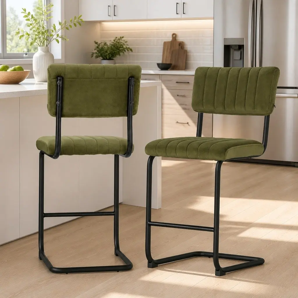 Bar Stools Velvet Green Cushioned Seat Back Support Metal Footrest 2 Piece