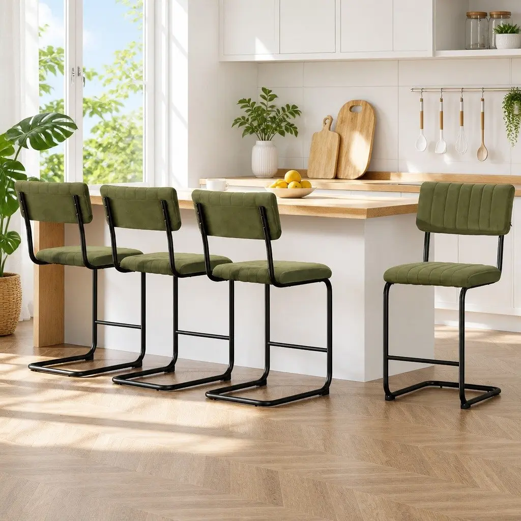 Set of 4 Green Velvet Bar Stools with Cushioned Support