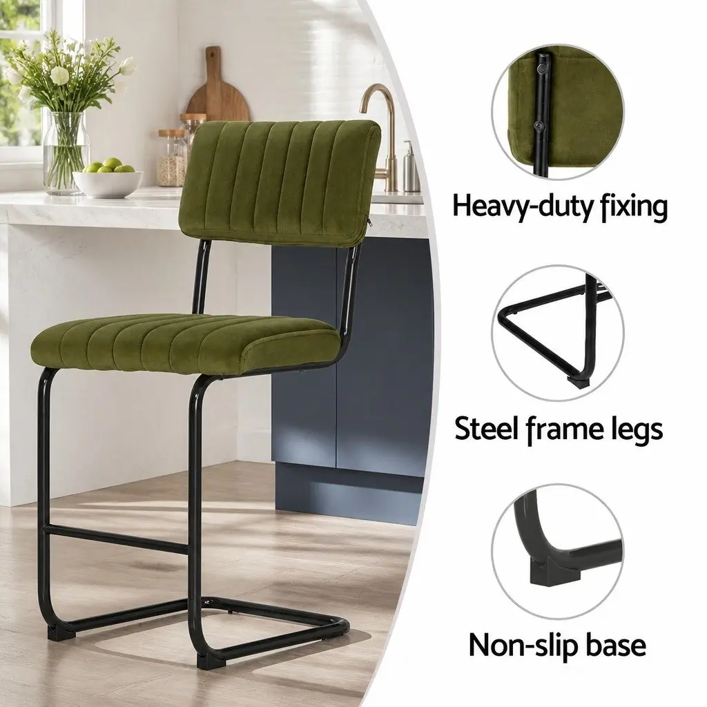 Set of 4 Green Velvet Bar Stools with Cushioned Support