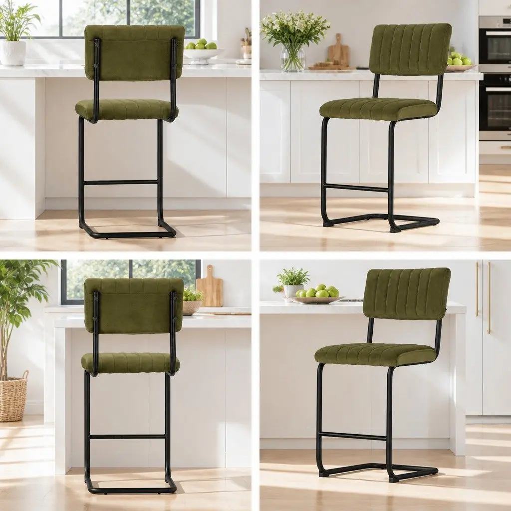 Set of 4 Green Velvet Bar Stools with Cushioned Support