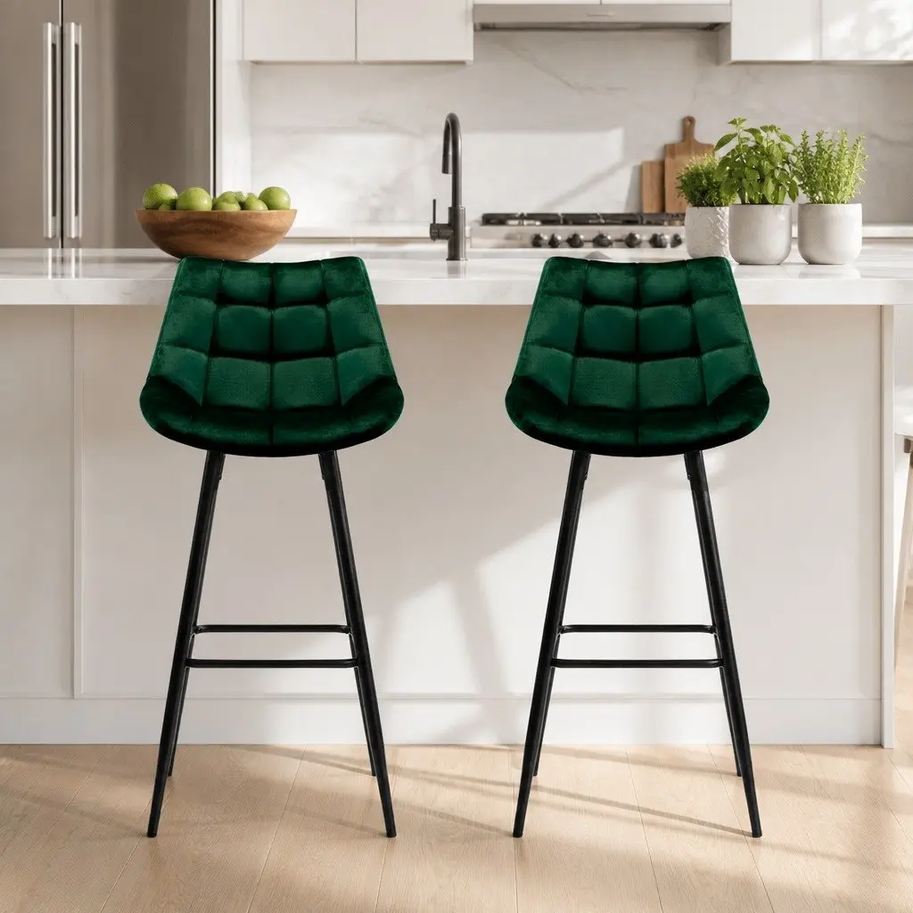 Bar Stools Green Velvet Chairs 2 Piece Metal Frame Footrest Backrest