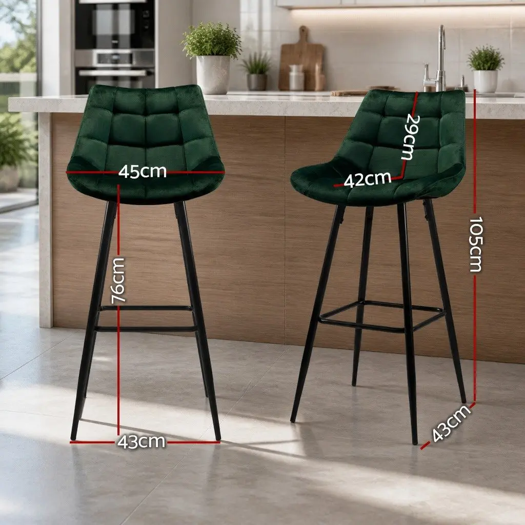 Bar Stools Green Velvet Chairs 2 Piece Metal Frame Footrest Backrest