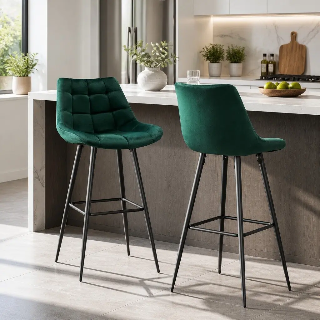 Bar Stools Green Velvet Chairs 2 Piece Metal Frame Footrest Backrest