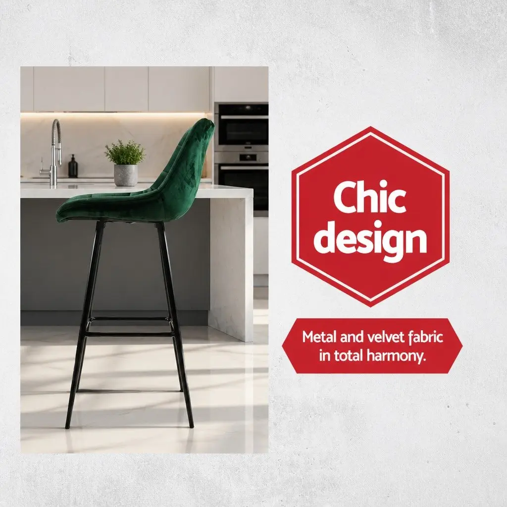 Bar Stools Green Velvet Chairs 2 Piece Metal Frame Footrest Backrest