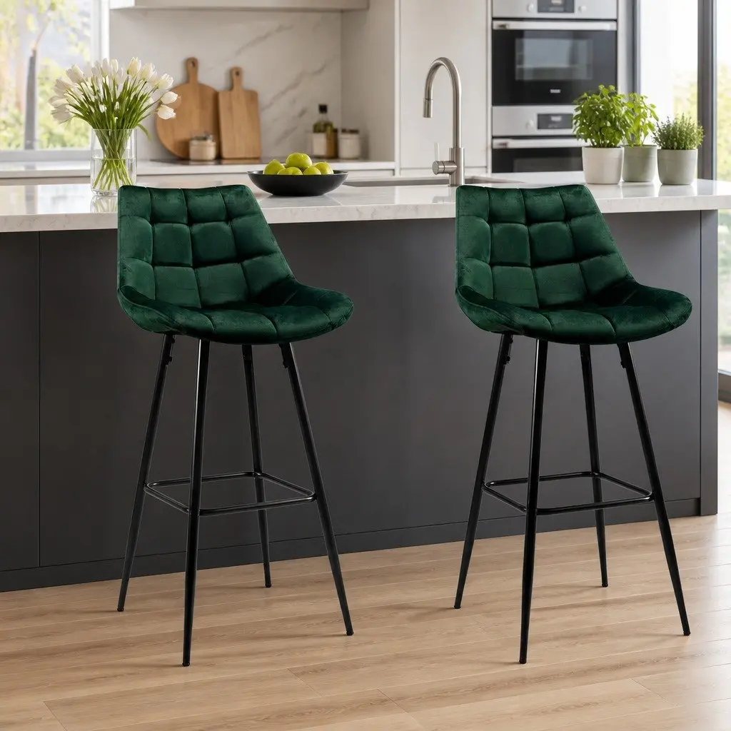 Bar Stools Green Velvet Chairs 2 Piece Metal Frame Footrest Backrest