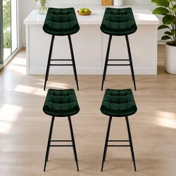 Bar Stools Set of 4 Green Velvet Chairs with Backrest Metal Frame Footrest