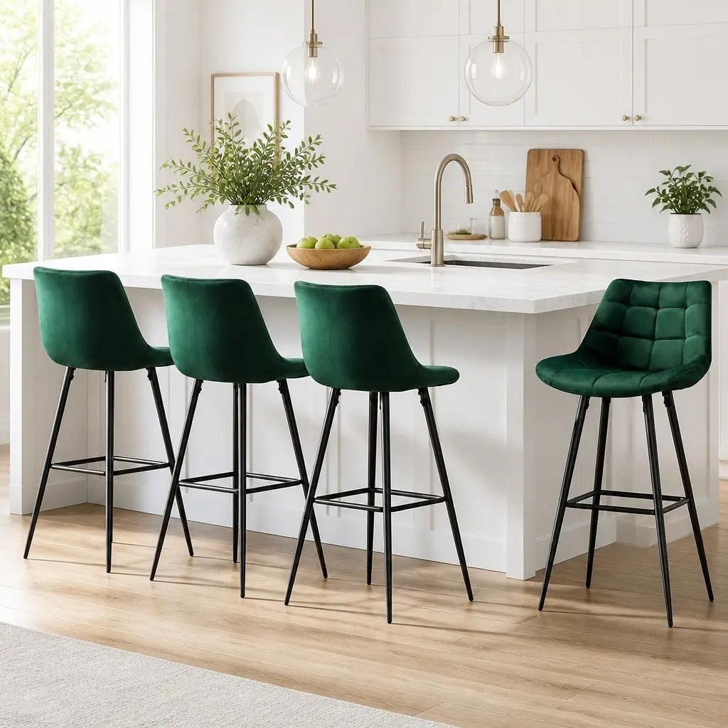 Bar Stools Green Velvet Upholstered 4 Piece Metal Frame Footrest