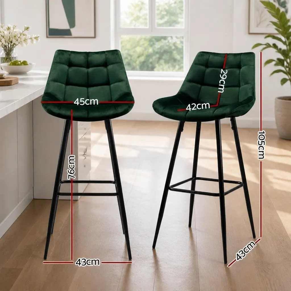 Bar Stools Green Velvet Upholstered 4 Piece Metal Frame Footrest