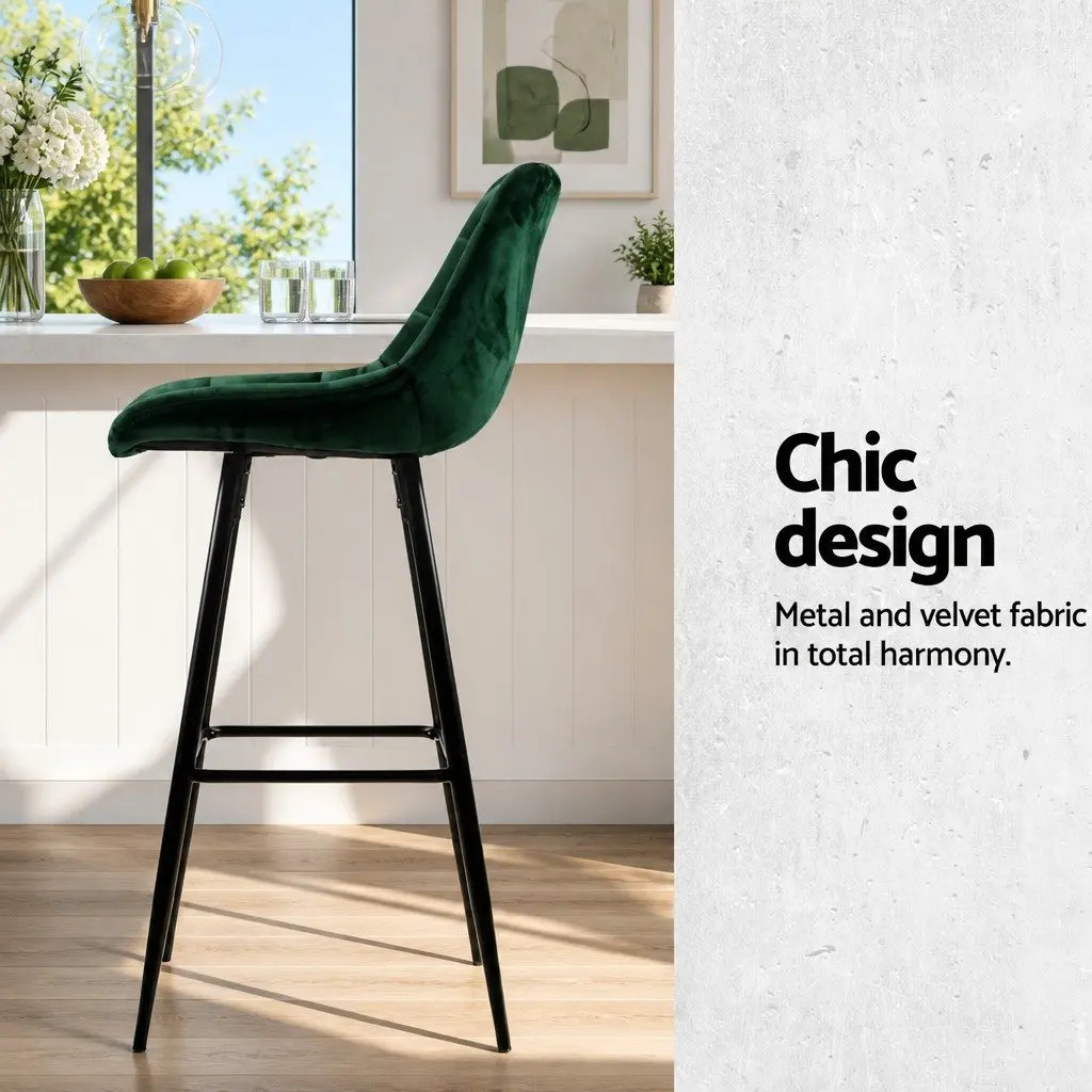 Bar Stools Green Velvet Upholstered 4 Piece Metal Frame Footrest