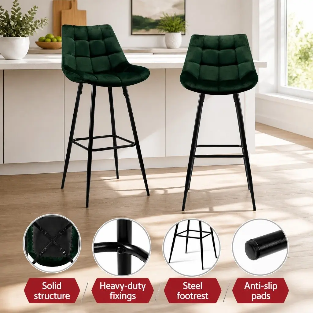 Bar Stools Green Velvet Upholstered 4 Piece Metal Frame Footrest