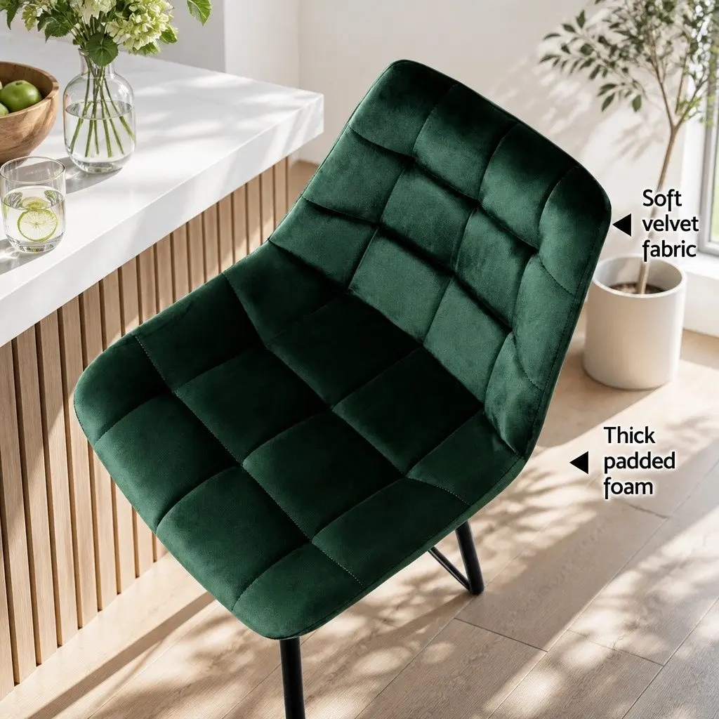 Bar Stools Green Velvet Upholstered 4 Piece Metal Frame Footrest