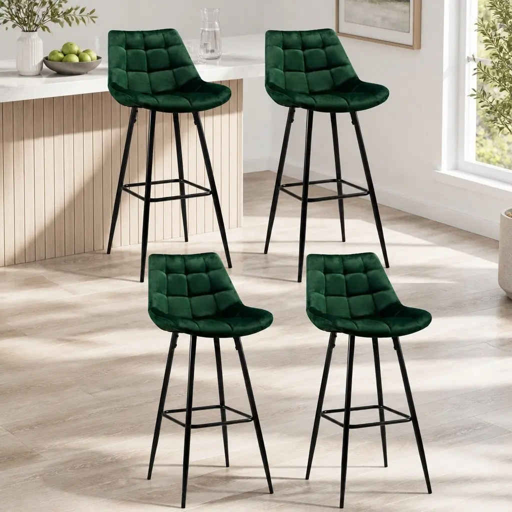Bar Stools Green Velvet Upholstered 4 Piece Metal Frame Footrest