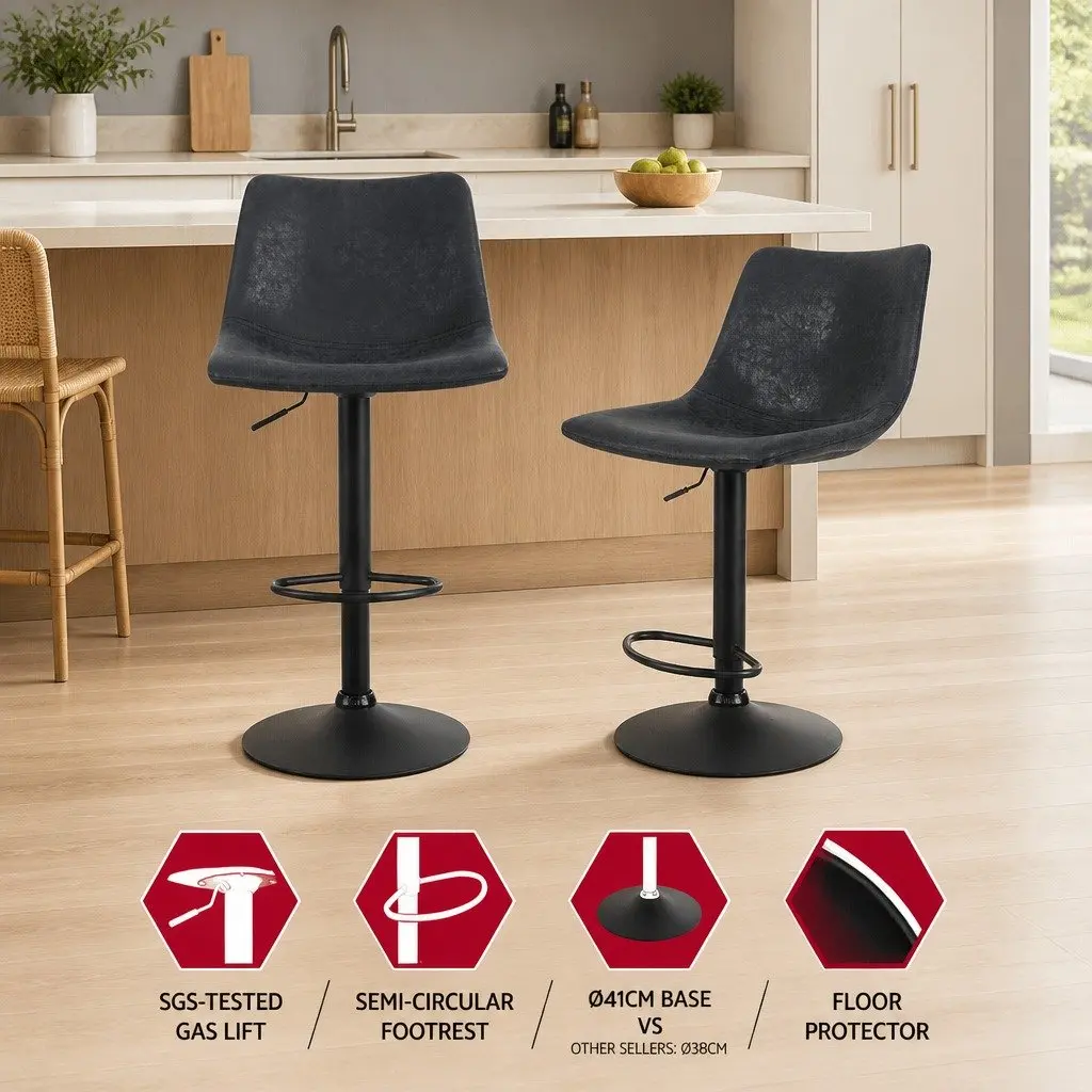 Vintage Leather Bar Stools with Swivel Black 2 Pack