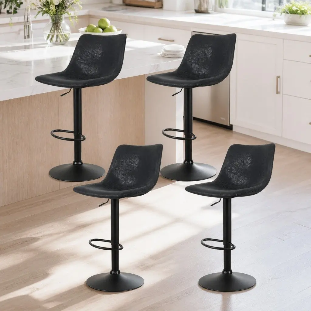 Bar Stools x4 Vintage Swivel Gas Lift Black Circular Backrest Footrest