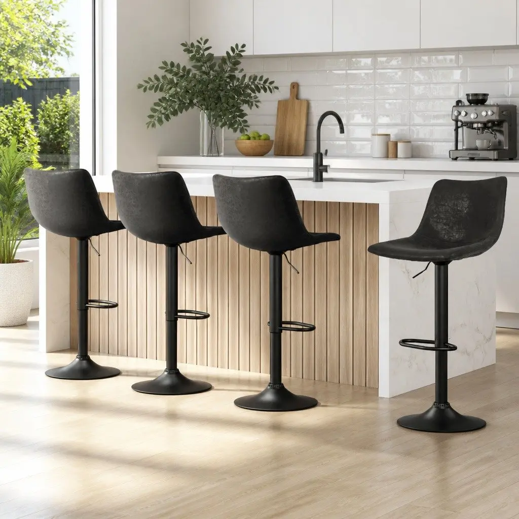 Bar Stools x4 Vintage Swivel Gas Lift Black Circular Backrest Footrest