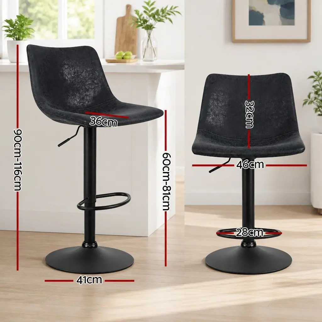 Bar Stools x4 Vintage Swivel Gas Lift Black Circular Backrest Footrest
