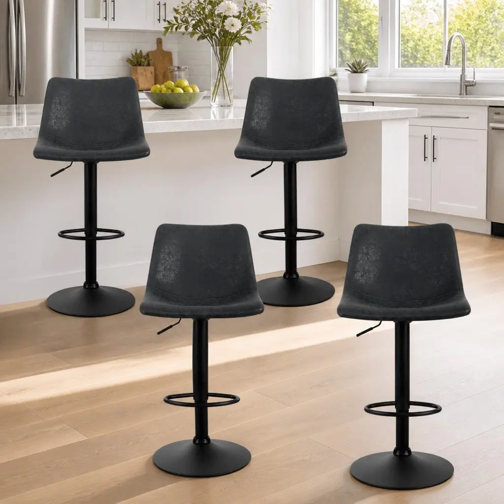 Bar Stools x4 Vintage Swivel Gas Lift Black Circular Backrest Footrest