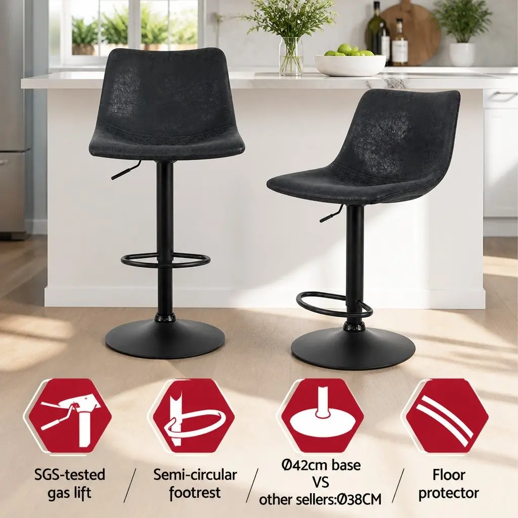 Bar Stools x4 Vintage Swivel Gas Lift Black Circular Backrest Footrest