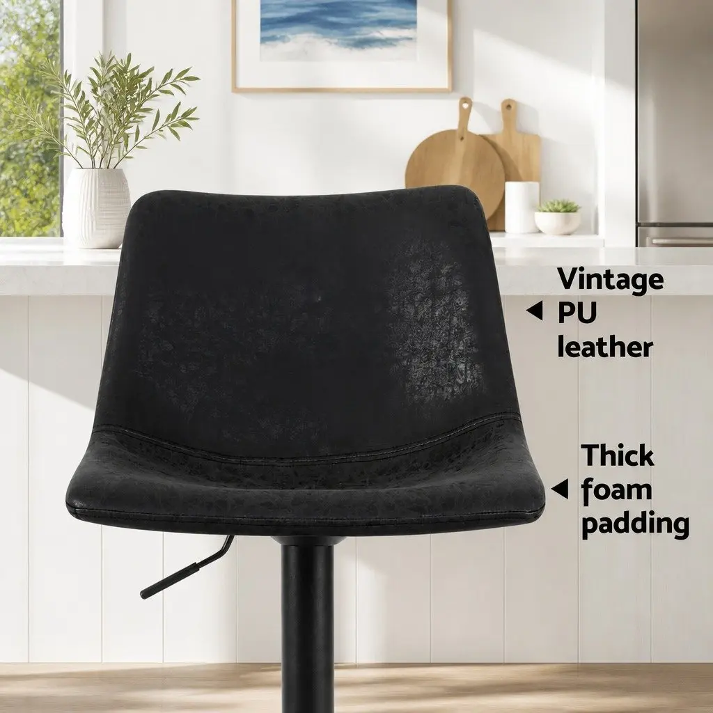 Bar Stools x4 Vintage Swivel Gas Lift Black Circular Backrest Footrest