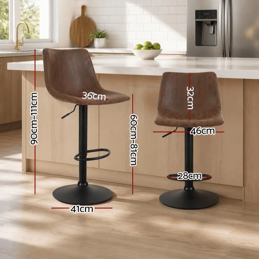 Vintage Brown Faux Leather High Back Bar Stools 2 Piece Swivel Gas Lift Padded Seat
