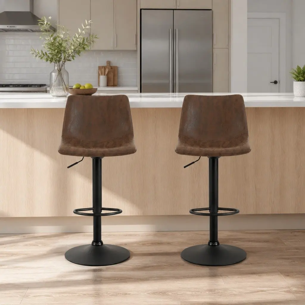 Vintage Brown Faux Leather High Back Bar Stools 2 Piece Swivel Gas Lift Padded Seat