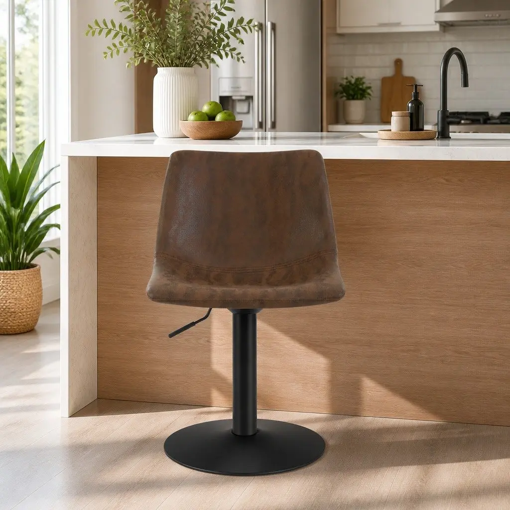 Vintage Brown Faux Leather High Back Bar Stools 2 Piece Swivel Gas Lift Padded Seat