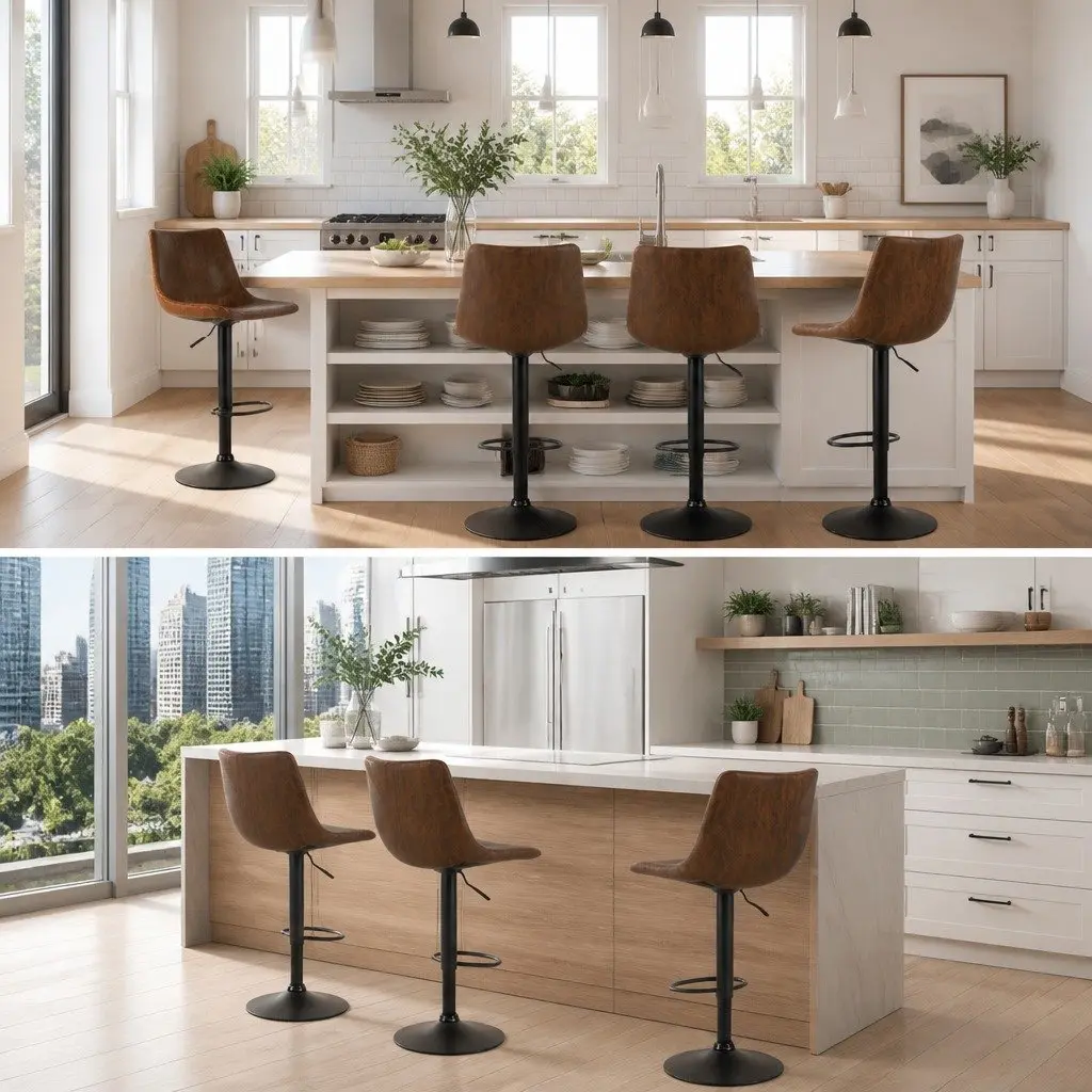 Vintage Brown Faux Leather High Back Bar Stools 2 Piece Swivel Gas Lift Padded Seat